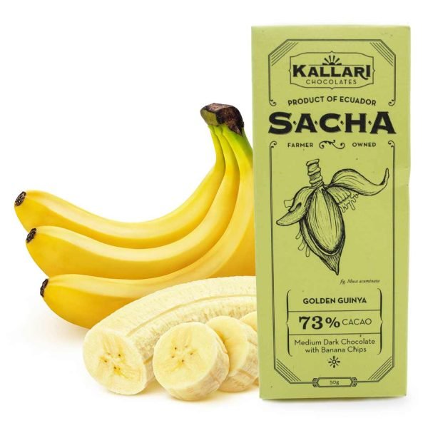 Schokolade 73% Kakao, SACHA Guinya (Getrocknete Banane)